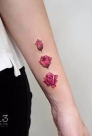 Liten färsk växttatueringflicka med färgad rosatatueringbild på armen