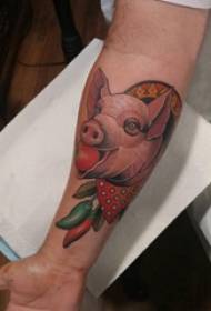 Tattoo pig, boy's arm, painted plants and pig tattoo pictures