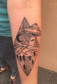 Arm tattoo material, male arm, flying saucer and landscape tattoo pictures