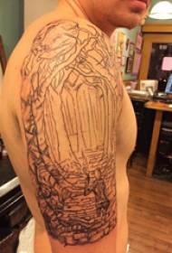 Vienkārša līnijas tetovējuma zēna roka uz ainavas tetovējuma attēlu
