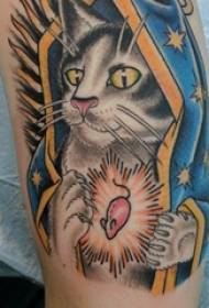 Foto tatuada del brazo de un tatuaje de gato en el brazo de un niño
