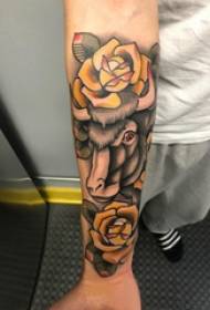 Bull Totem Tattoo Male Student Arms Yellow Rose and Cow Tattoo Picture