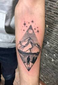Geometric elements tattoos boys' arms on rhombus and landscape scenery tattoo pictures