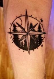 Материал татуировки на руке, мужская рука, рисунок ландшафта и компаса