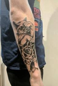 Arm tattoo material, boy's arm, flower and cat tattoo picture