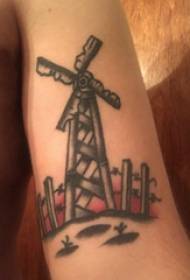 Lengan tengkuk tengkorak lucu pada gambar tatu windmill berwarna