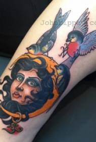 腕にダブルアームタトゥー女の子フィギュアと鳥のタトゥー画像
