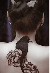 woman back personality fashion full black peony flower crow tattoo