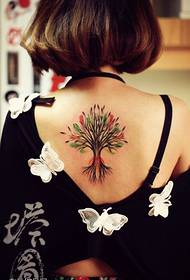 背部彩色个性树纹身图案