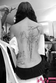 Girl back black and white Chinese style landscape tattoo
