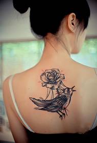 美背玫瑰鳥素描紋身圖片