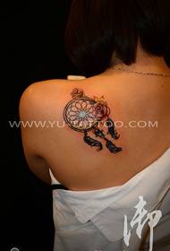 Female back color dream catcher tattoo pattern