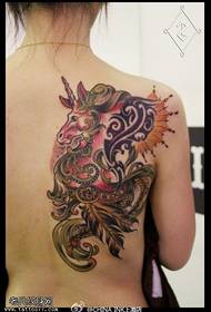 Female back colored unicorn tattoo pattern