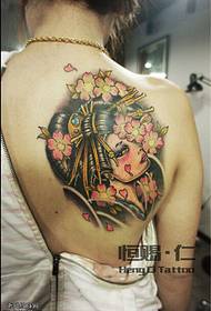 Female back colorful geisha tattoo pattern