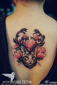Female back color cat flower tattoo pattern