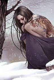 漫画の美しい女性が雪山に美しい虎のタトゥー画像をバックアップします。
