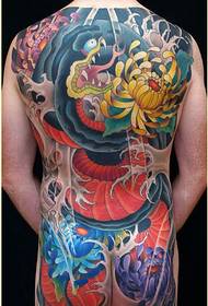personality fashion full back color peony snake tattoo pattern picture