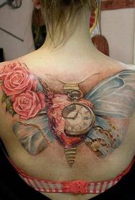 fashion women back butterfly rose clock tattoo pattern picture