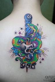 Beautiful back colored pretty snake and dagger tattoo pattern