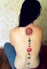 Beautiful and nice sun tattoo on the back of a girl