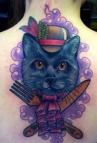 女性背部时尚可爱的彩色猫咪纹身图案图片
