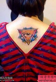Moteriškos nugaros spalvos tatuiruotė su akių akimis