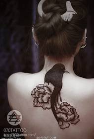 women's back all black peony Flower crow tattoo pattern