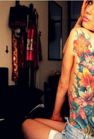 Female back color flower tattoo pattern picture