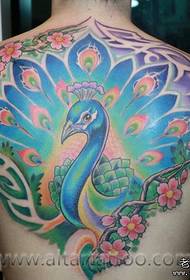Boy's back beautiful colorful peacock tattoo pattern