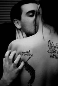 Kissing couple back feathers letter tattoo
