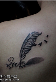 Small fresh personality back feathers pigeons letter tattoo pattern