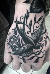Hand back old school black bird with diamond tattoo pattern