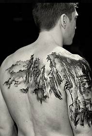 A personalized landscape sketch tattoo on the back