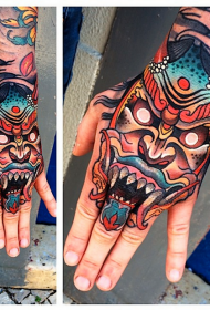 Hand back illustration style color devil mask tattoo pattern