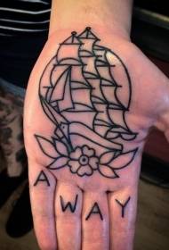 Hand palm simple black line sailboat tattoo pattern