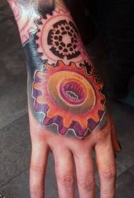 Hand back colored mechanical style pinion tattoo pattern