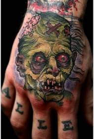 Spooky green zombie tattoo pattern on the back of the hand