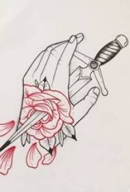 Red black line creative hand with rose dagger tattoo manuscript