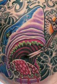 Pilvo spalvos paslaptingo ryklio ir laižančių rankų tatuiruotės paveikslėlį