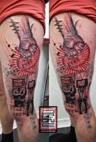 Colorful personality tattoo in leg surreal style