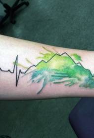 Unique black ECG with green splash tattoo pattern