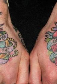 Hand back color clock with heart tattoo pattern