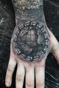 Hand back stone carving style black weird planet tattoo pattern