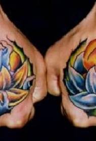 Two hands back different lotus flame water color tattoo pattern