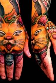Colored Japanese cat tattoo pattern on the back of the hand