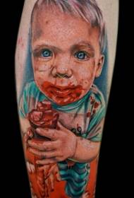 Arm color horror style bloody little boy tattoo