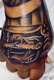 Hand back black and white hand little warrior helmet tattoo pattern