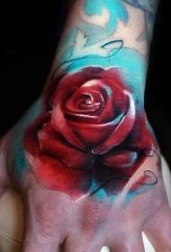 手背水彩紅玫瑰紋身圖案