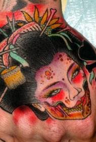 Hand back Asian style colorful monster geisha tattoo pattern