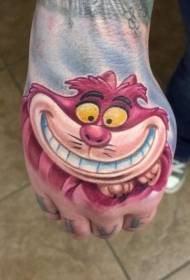 손 뒷면에 재미있는 만화 미소 체셔 고양이 문신 패턴